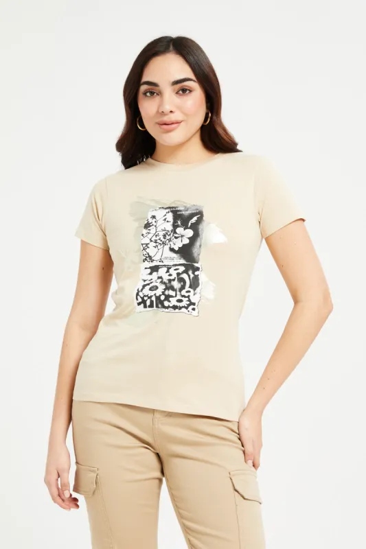 Women Beige Floral Foil T-Shirt sold by Redtag
