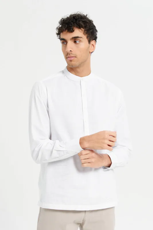 Men White Linen Blend Polo Collar Shirt sold by Redtag