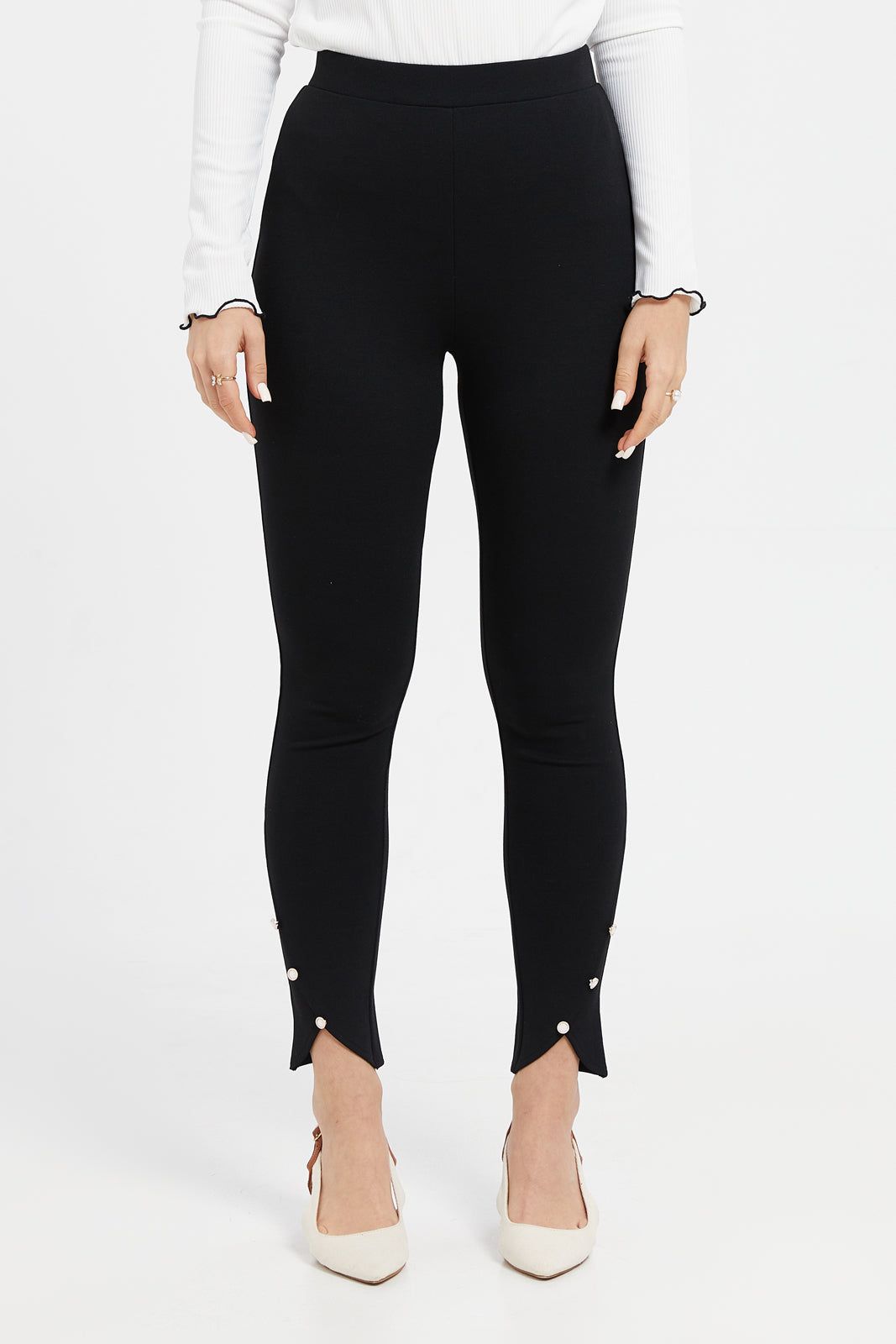 Women Black Multi Button Leggings sold by Redtag