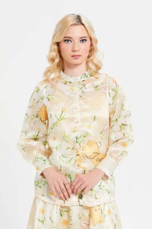 Women Yellow Printed Buttoned Long Sleeves Shirt sold by Redtag