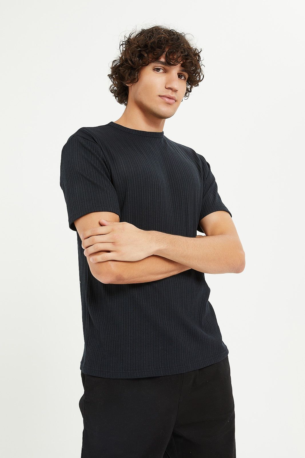 Men Black Stretch Jacquard T-Shirt sold by Redtag