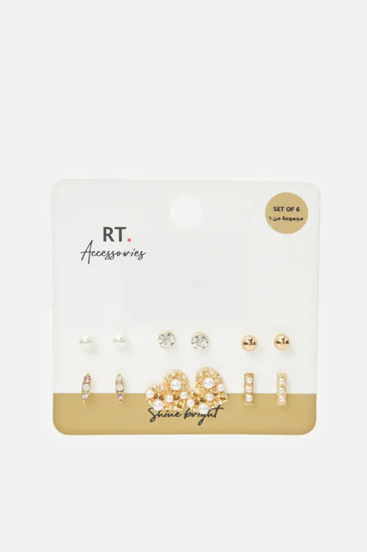 Women Gold Embellished Studs Set (6 Pairs) sold by Redtag