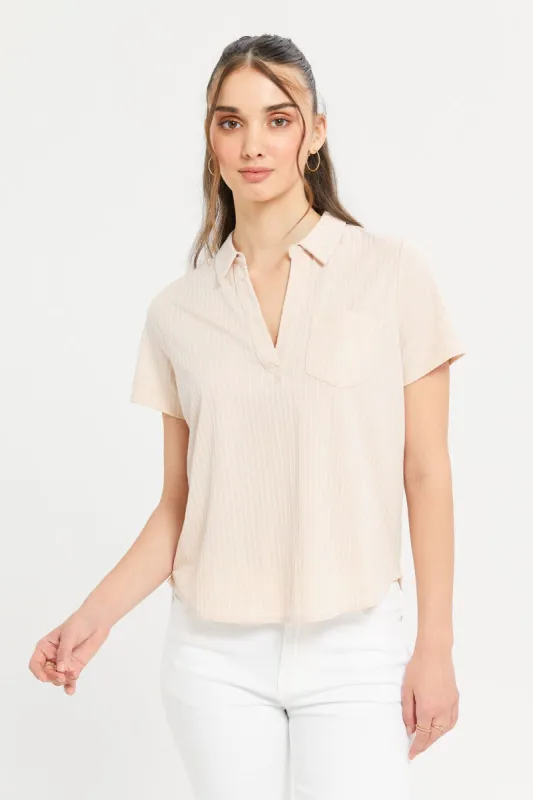 Women Beige Stripped Shirt sold by Redtag