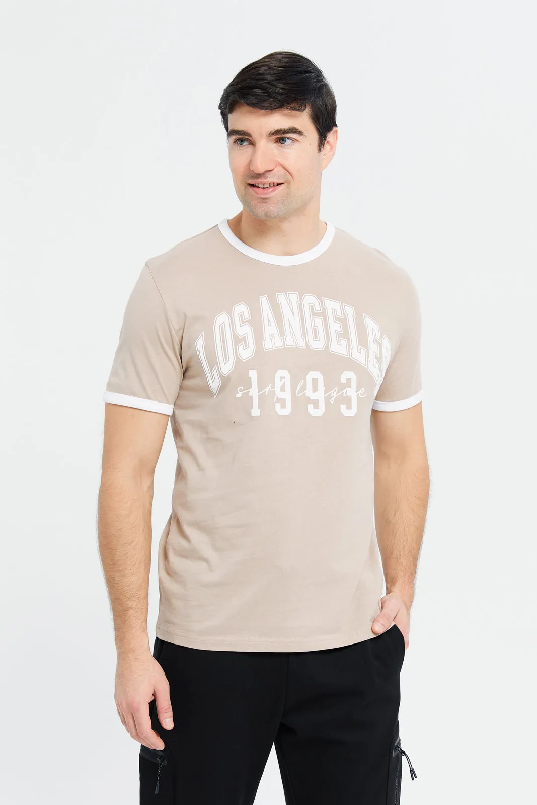 Men Beige Ringer Print T-Shirt sold by Redtag