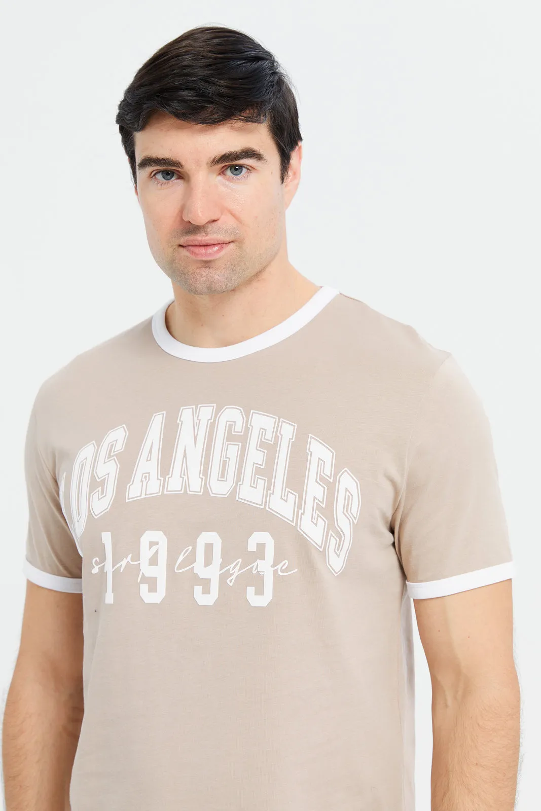Men Beige Ringer Print T-Shirt sold by Redtag product image thumbnail 4