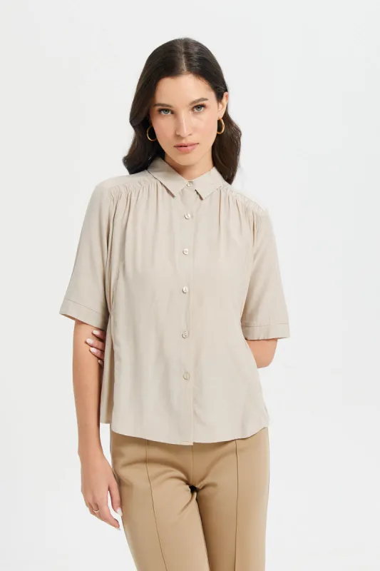 Women Beige Waist Pleated Detailed Shirt sold by Redtag