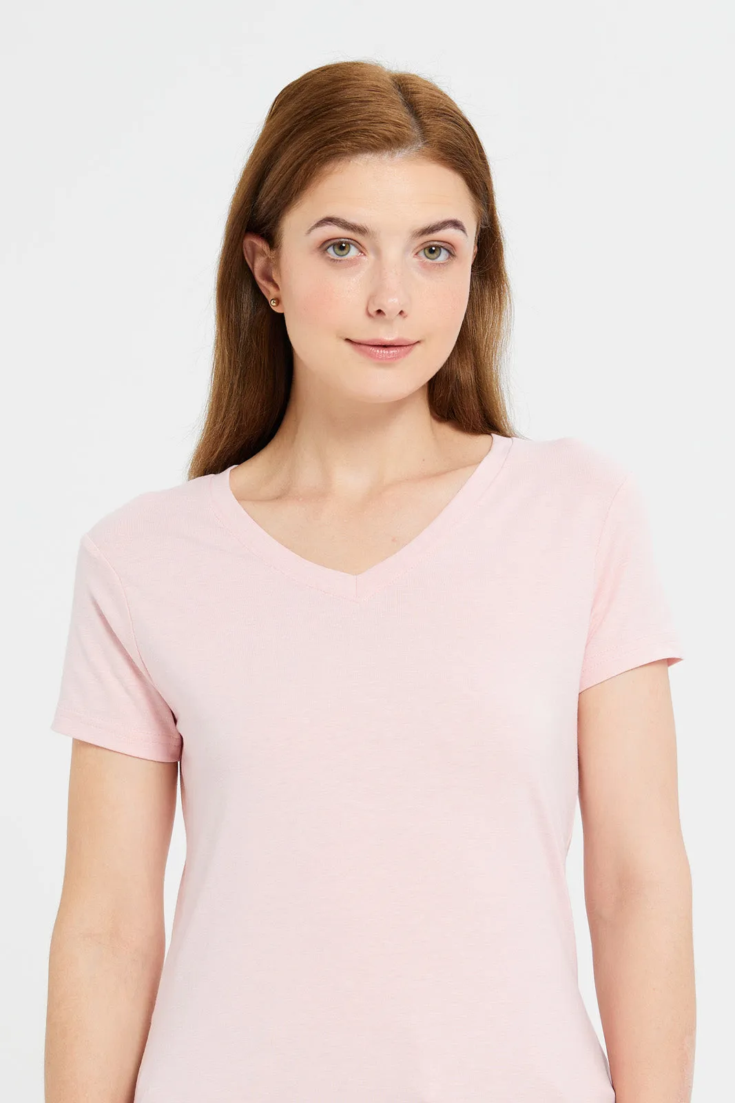 Women Pink Short Sleeve V- Neck T-Shirt sold by Redtag product image thumbnail 4