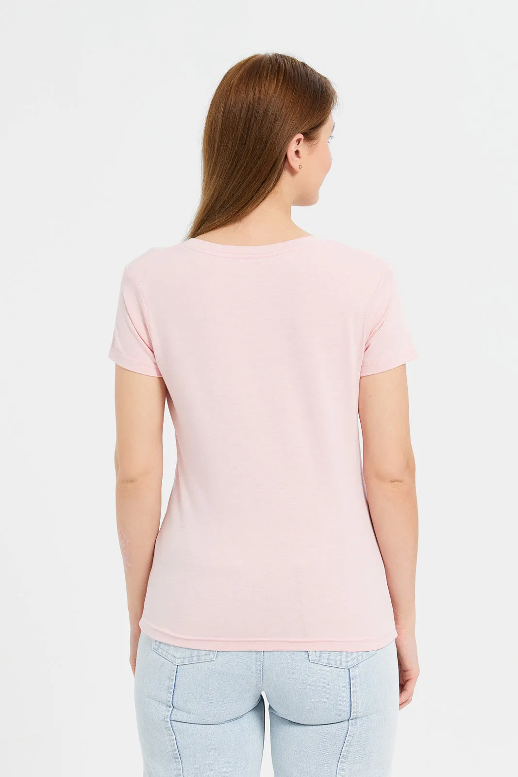 Women Pink Short Sleeve V- Neck T-Shirt sold by Redtag product image thumbnail 3