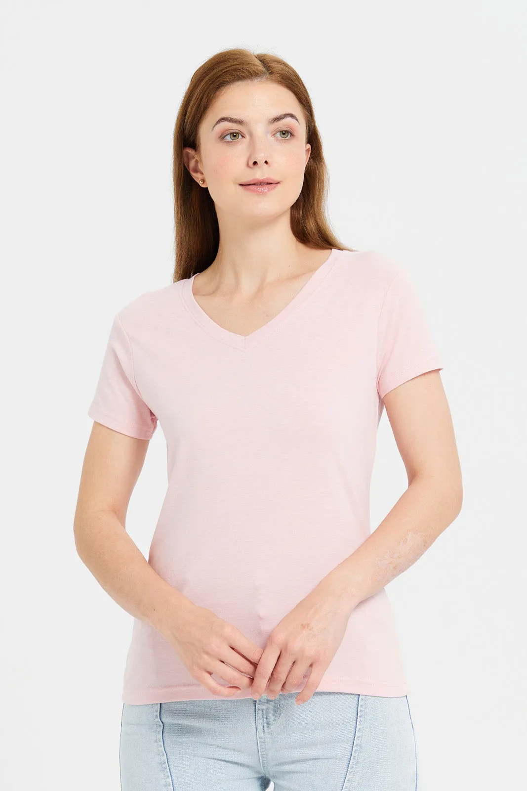 Women Pink Short Sleeve V- Neck T-Shirt sold by Redtag