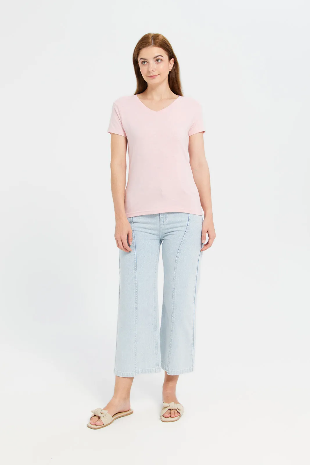 Women Pink Short Sleeve V- Neck T-Shirt sold by Redtag product image thumbnail 2