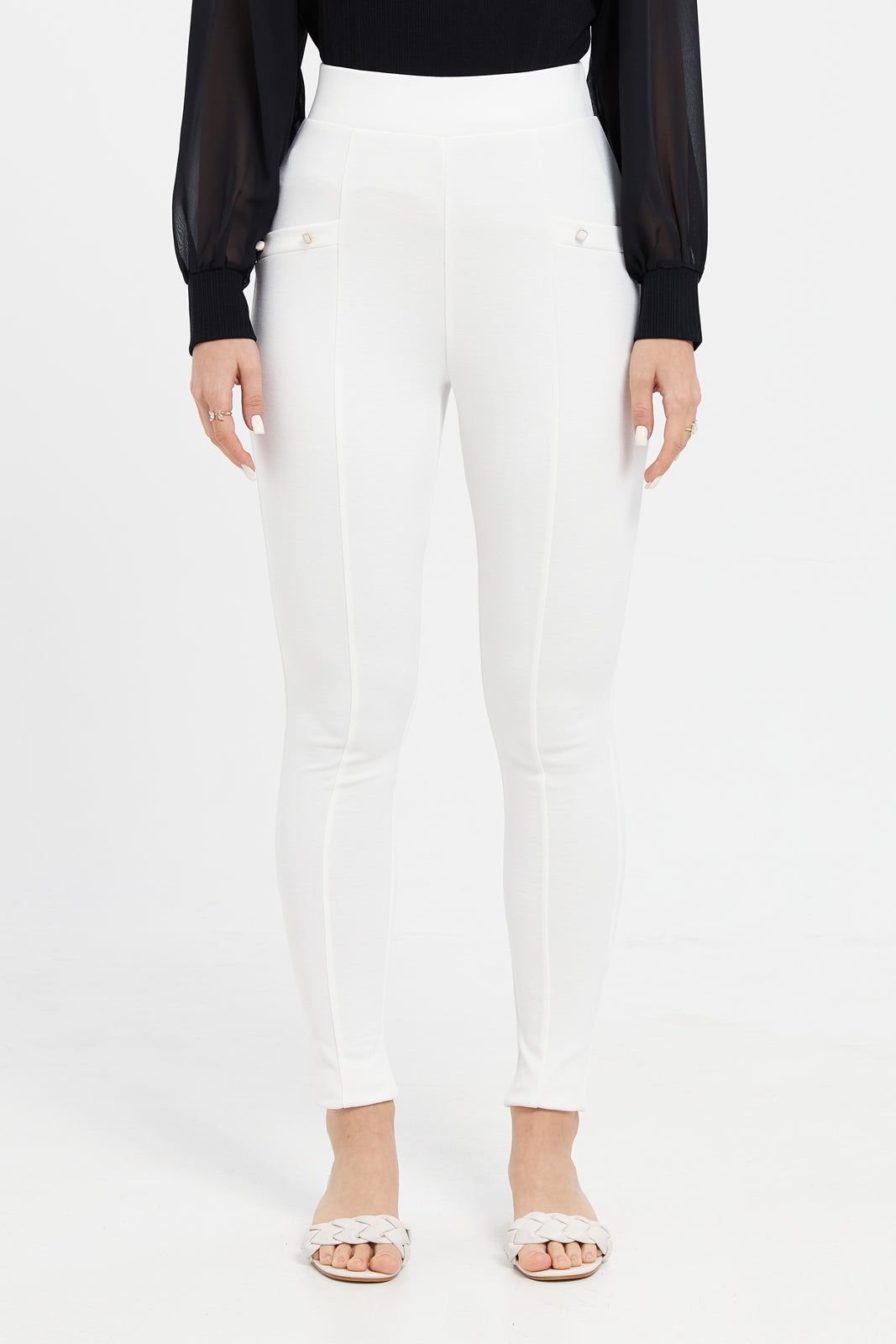 Women White Double Button Leggings sold by Redtag