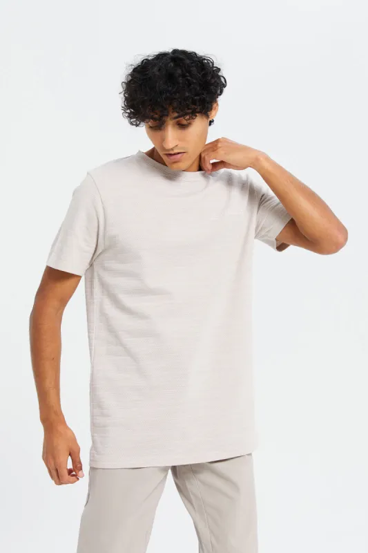 Men Beige Jacquard T-Shirt sold by Redtag