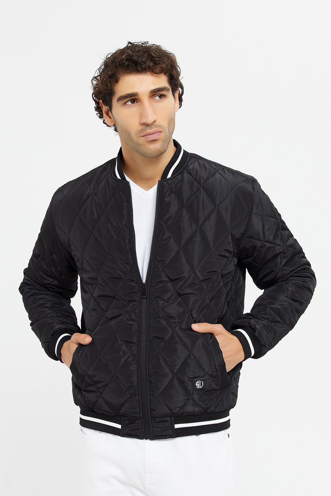 Men Black Quilted Varsity Bomber Jacket sold by Redtag