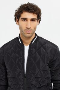 Men Black Quilted Varsity Bomber Jacket sold by Redtag