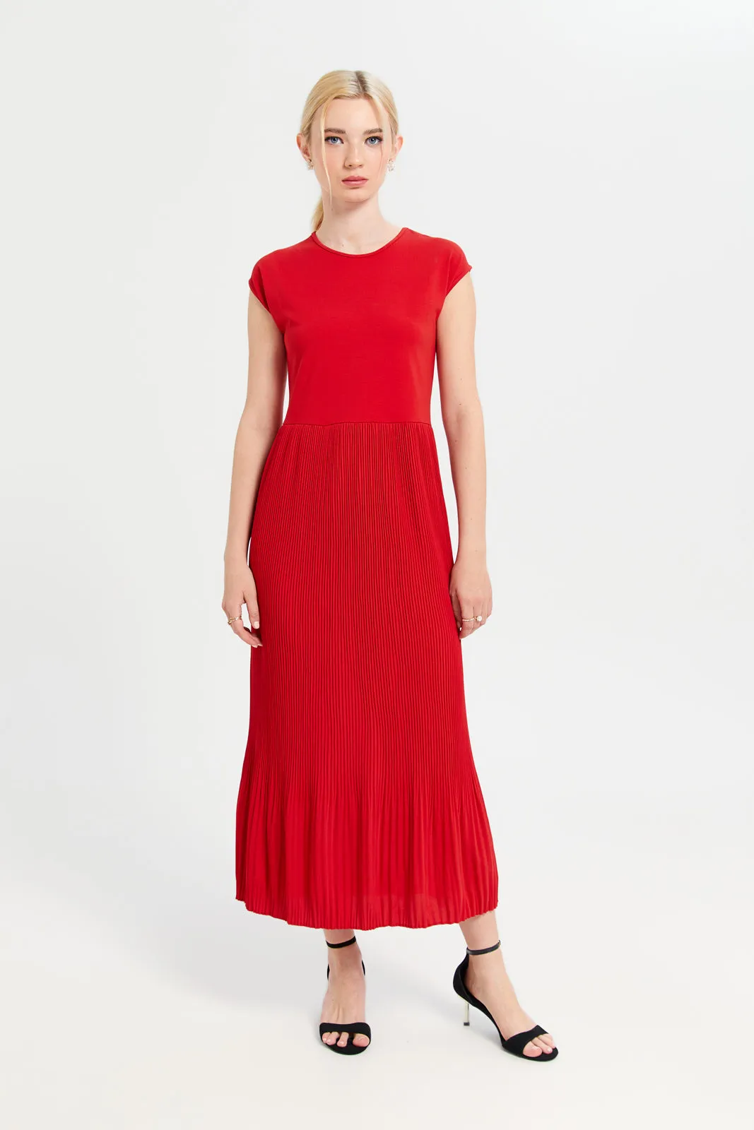 Women Red Plain Pleated Dress sold by Redtag