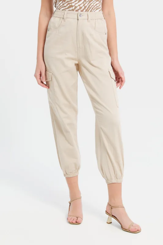Women Beige Mid Waist Jogger Cargo sold by Redtag