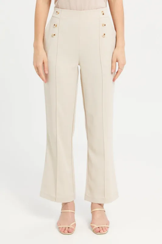 Women Beige Button Detailed Trousers sold by Redtag