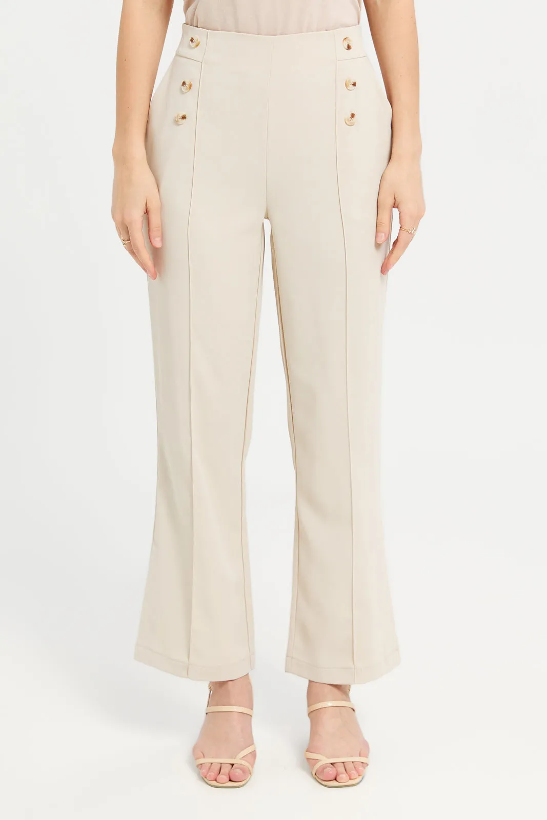 Women Beige Button Detailed Trousers sold by Redtag