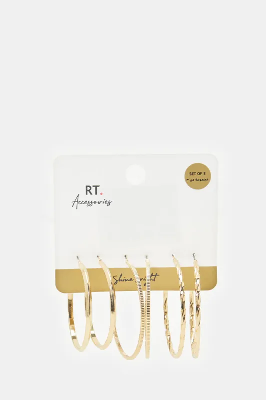 Women Gold Embellished Hoop Earrings Set (3 Pairs) sold by Redtag