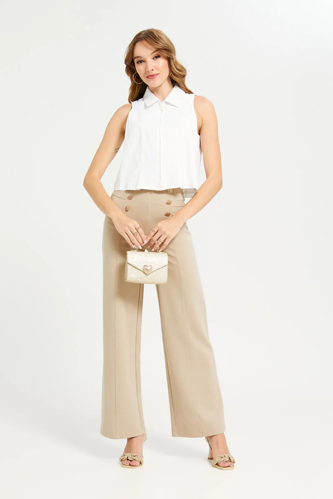 Women Beige High Waisted Wide Leg Trousers sold by Redtag product image thumbnail 2