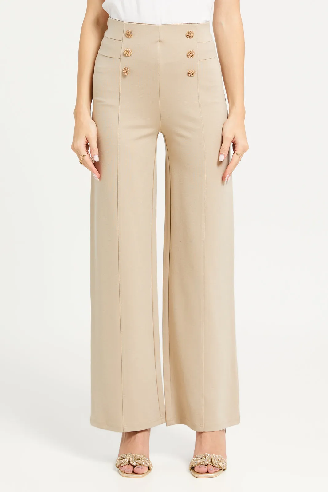 Women Beige High Waisted Wide Leg Trousers sold by Redtag