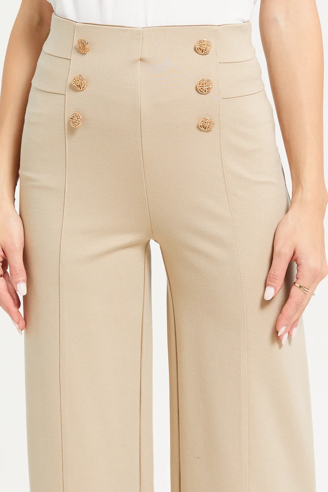 Women Beige High Waisted Wide Leg Trousers sold by Redtag product image thumbnail 4