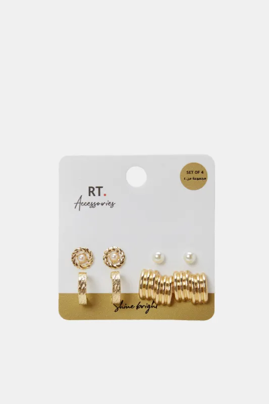 Women Gold Studs (4 Pairs) sold by Redtag