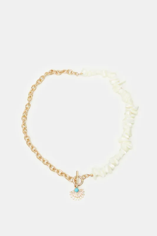 Women Gold And White Embellished Necklace sold by Redtag