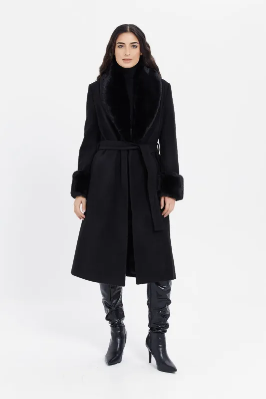 Women Black Faux Fur Belted Coat sold by Redtag