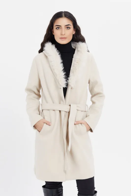 Women Ecru Faux Fur Belted Coat sold by Redtag