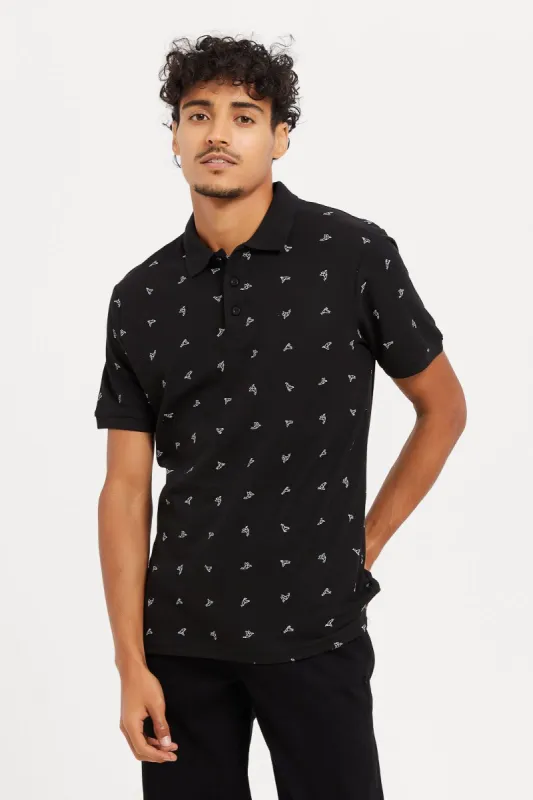 Men Black Printed Polo Shirt sold by Redtag