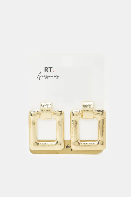 Women Gold Square Embellished Earrings sold by Redtag