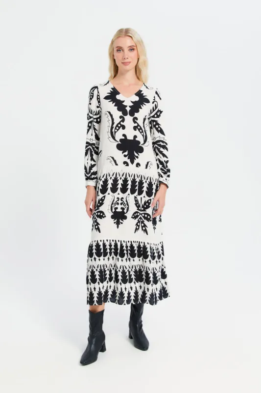 Women Beige And Black Tiered Dress sold by Redtag