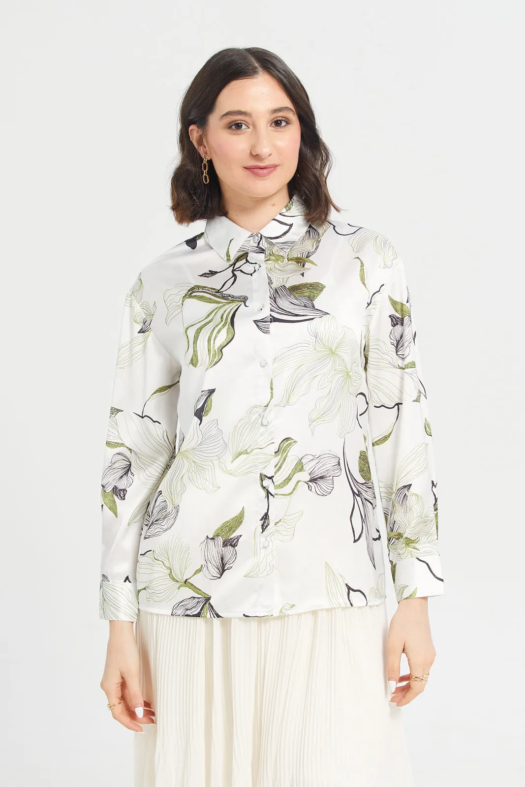 Women White Collared Printed Satin Shirt sold by Redtag