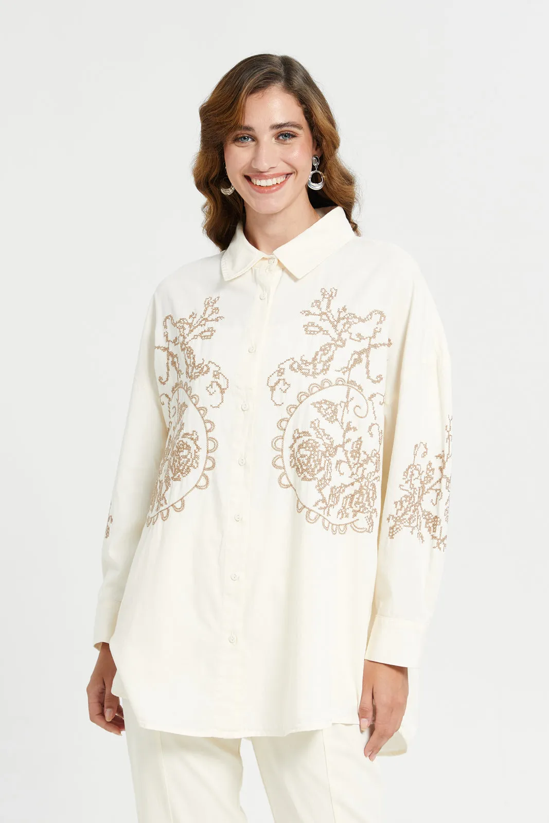 Women Beige Blouse With Embroidered Cross Stitch sold by Redtag
