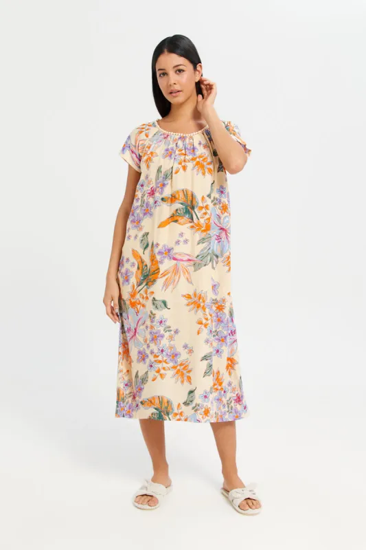 Women Beige Floral Printed Nightgown sold by Redtag