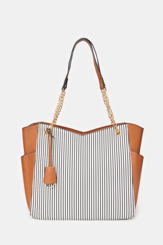 Women Beige Striped Tote Bag sold by Redtag