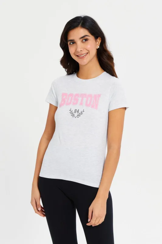 Women Grey Boston Printed T-Shirt sold by Redtag