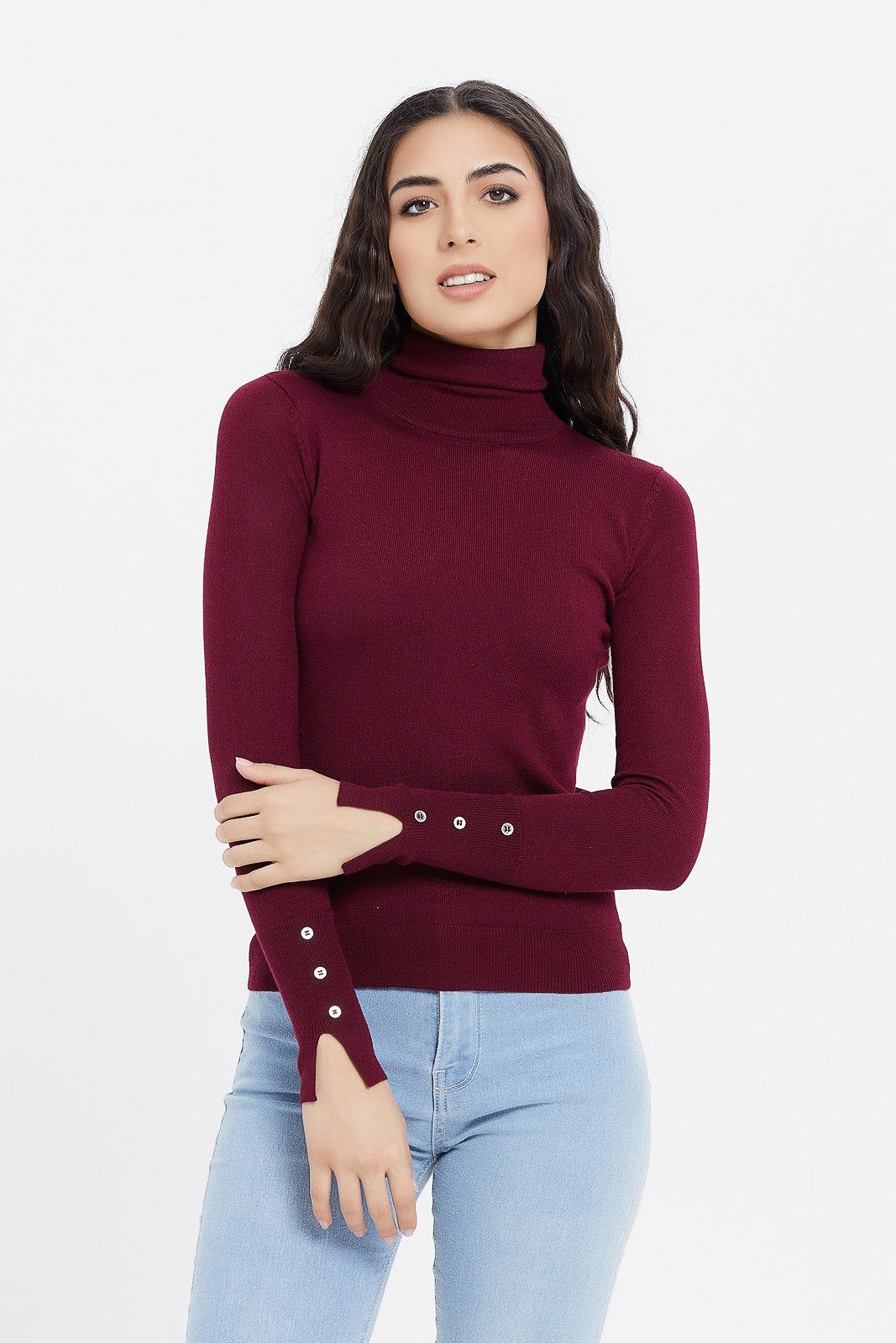 Women Burgundy Turtle Neck Pullover sold by Redtag