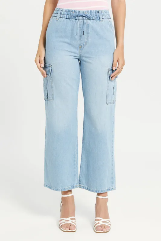 Women Blue Light Wash Elasticated Waist Jeans-Straight Fit sold by Redtag