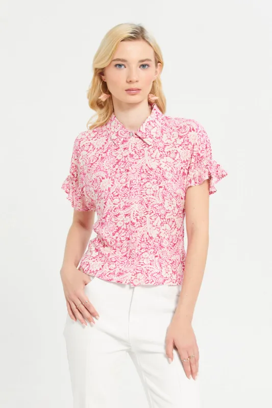 Women Pink Printed Rayon Shirt With Elasticated Sleeve Details sold by Redtag