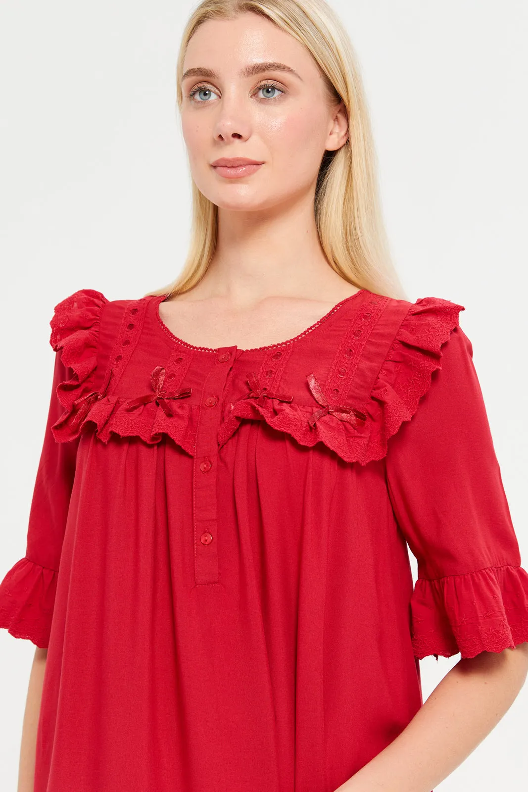 Women Red Plain Ruffle Embellished Nightgown sold by Redtag product image thumbnail 3