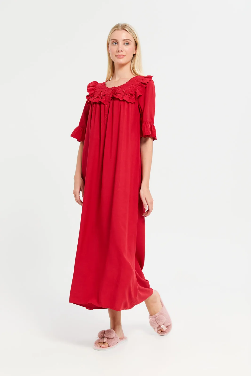 Women Red Plain Ruffle Embellished Nightgown sold by Redtag product image thumbnail 4
