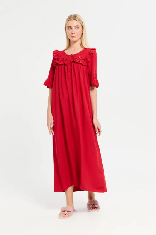 Women Red Plain Ruffle Embellished Nightgown sold by Redtag