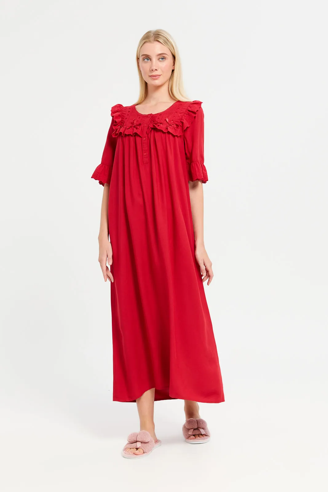 Women Red Plain Ruffle Embellished Nightgown sold by Redtag