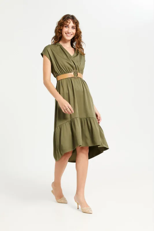 Women Green Plain Wrap Belted Dress sold by Redtag