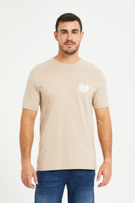 Men Beige Flock Print T-Shirt sold by Redtag