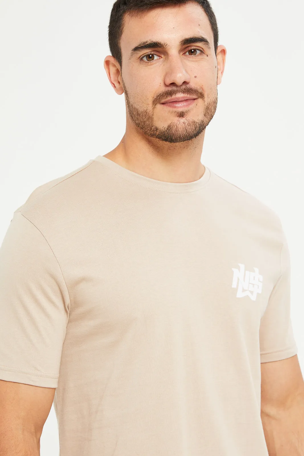 Men Beige Flock Print T-Shirt sold by Redtag product image thumbnail 4