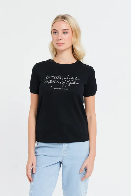 Women Black Crew Neck Printed T-Shirt sold by Redtag