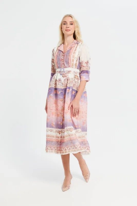 Women Multicolour Printed Collared Long Dress sold by Redtag